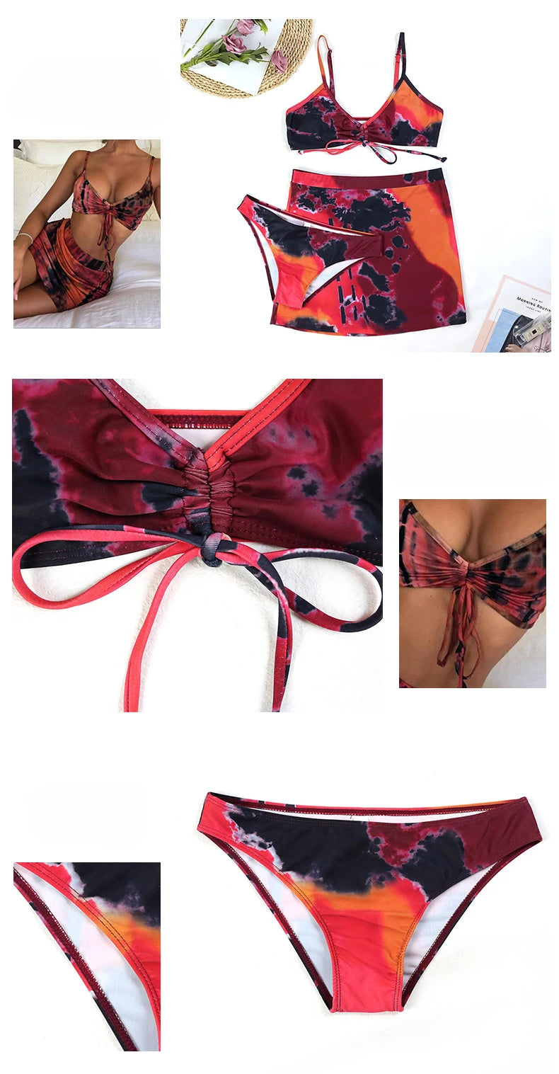 3 Piece Bikini Set Sexy Swimsuit Swimwear Women Drawstring Tie Dye Print Bikinis Set Bathing Suit Beach Skirt Cover Up Biquinis - Lizbert