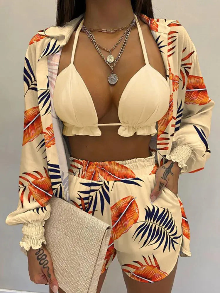 2024 New Bathing Suit Shorts Cover Up Summer Three Pieces Swimwear Sexy Beachwear High Waist Bikini Set Print Women's Swimsuit Lizbert