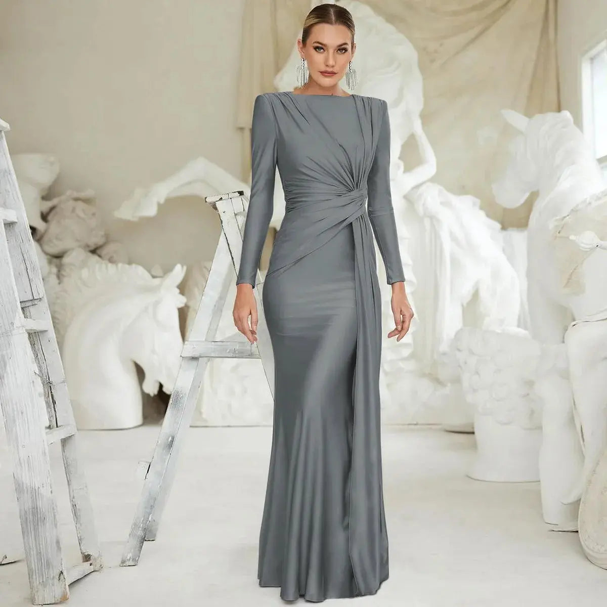 Ladies Autumn Elegant Evening Party Dress Women Long Sleeve O-Neck Ruched Fashion Maxi Dresses Night Club Streetwear Fall Outfit Lizbert