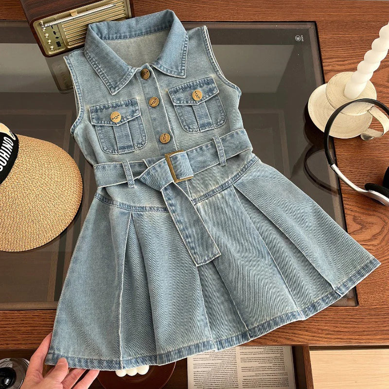 Summer New Girls Denim Dress Belt Decoration Lapel Collar Sleeveless Tutu Princess Dress For 2 -10 Years Kids Fashion Dress Lizbert