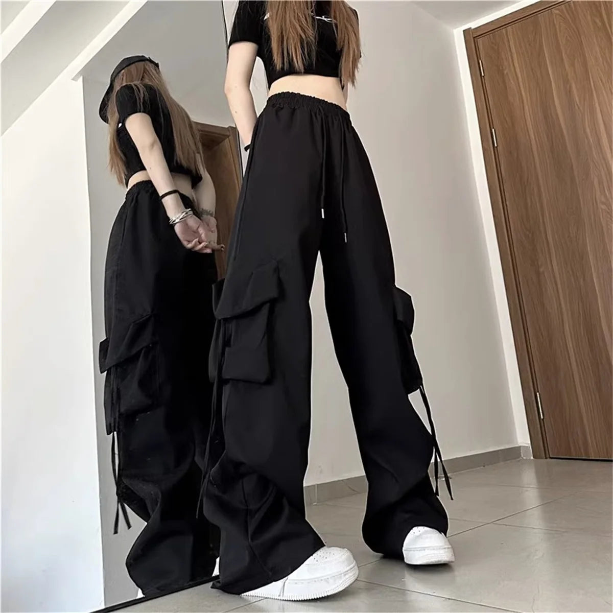 Plus Size Women Cargo Pants High Waist Solid Fashion Street Pant Vintage Drawstring Pocket Trousers Loose Casual Joggers Clothes - Lizbert
