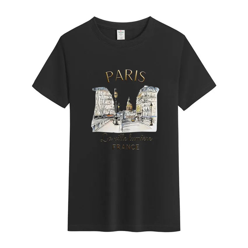 Summer Men's Short Sleeved T-shirt 90s T Shirt Paris  Printed High-Quality Cotton Solid Color Fashion Casual Cool Women/Men Tops