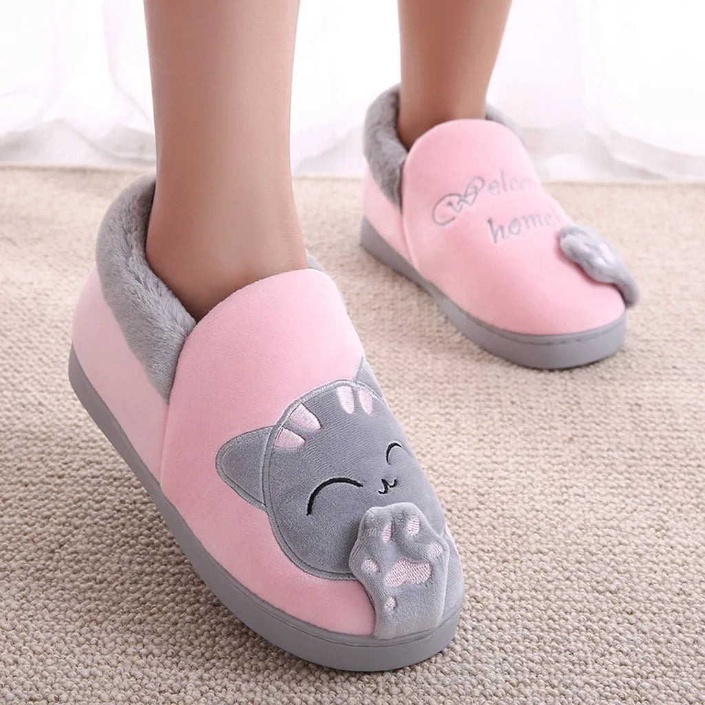 Women Winter Home Slippers Cartoon Cat Non-Slip Warm Indoors Bedroom Floor Shoes Zapatos Mujer 2024 Tendencia