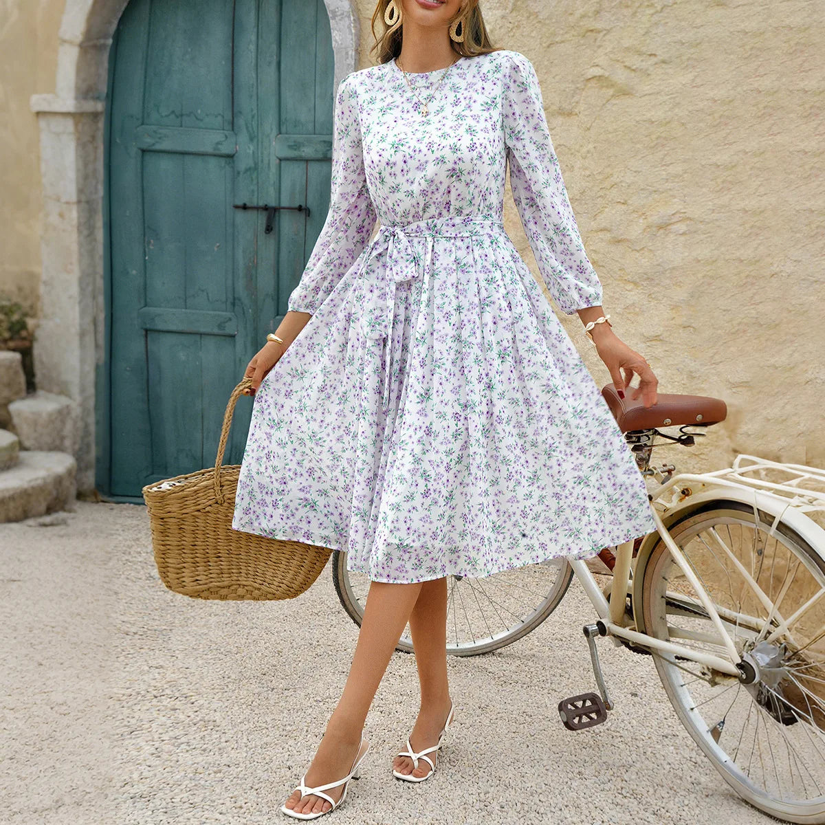 Print Dot Dress Women Casual Long Sleeve Round Neck Midi Dresses Lace Up Vocation Elegant Vestidos Summer 2025 Y2k Streetwear Lizbert