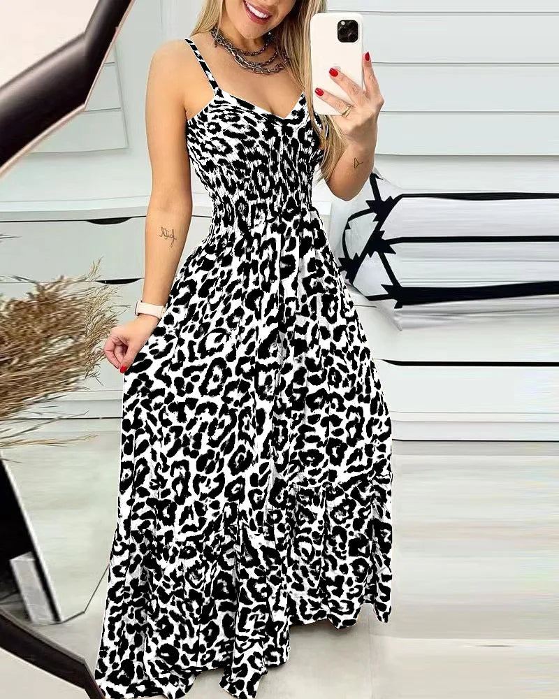 2023 European And American Summer New Leopard Ptteran Suspender V-Neck Dress High Waist Dress Sexy Temperament Fashion Long Dres