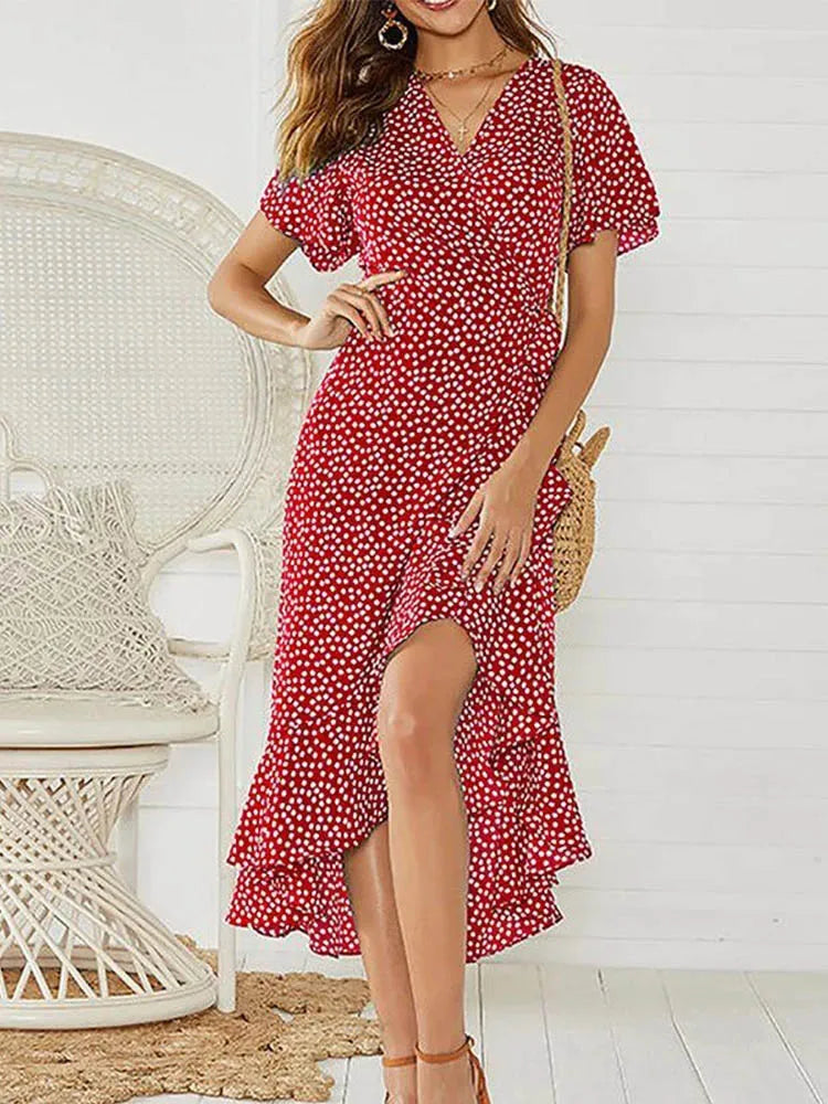 Summer Beach Maxi Dress Women Floral Print Boho Long Chiffon Dress Ruffles Wrap Casual V-Neck Split Sexy Party Dress Robe Femme - Lizbert