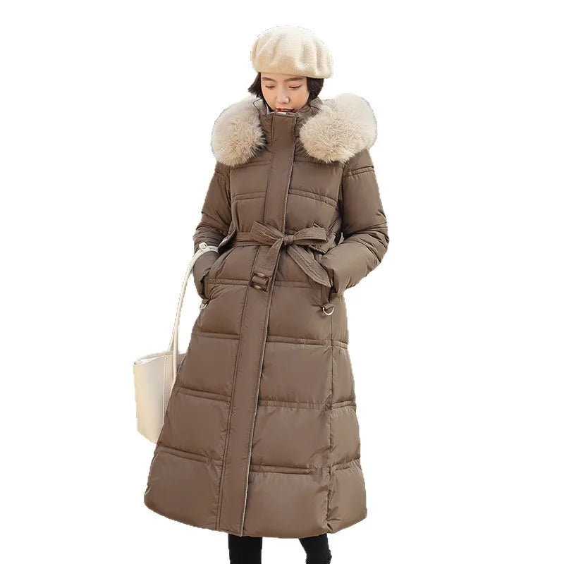 Winter 2025 New Women's Clothing Thickened Long Style Over the Knee Big Fur Collar Hooded Cotton Jacket Down Cotton Jacket Cot Lizbert