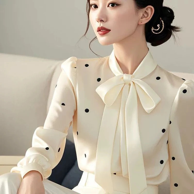 2026 Autumn Women's Polka Dot Bow Tie Blouse Long Sleeve Office Elegant Casual Chiffon Shirt French Style Stylish Ladies Tops Lizbert