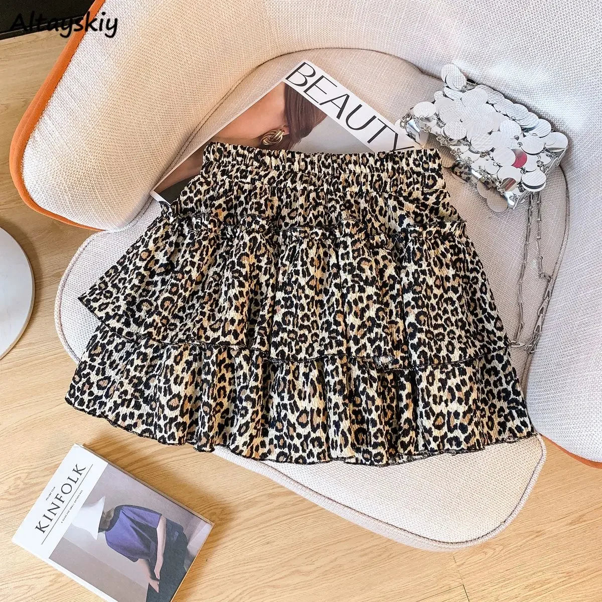 Chiffon Leopard Mini Skirts Women Y2k Retro Summer Elastic Waist Stylish Streetwear Korean Style Temperament Cake Faldas Tender Lizbert