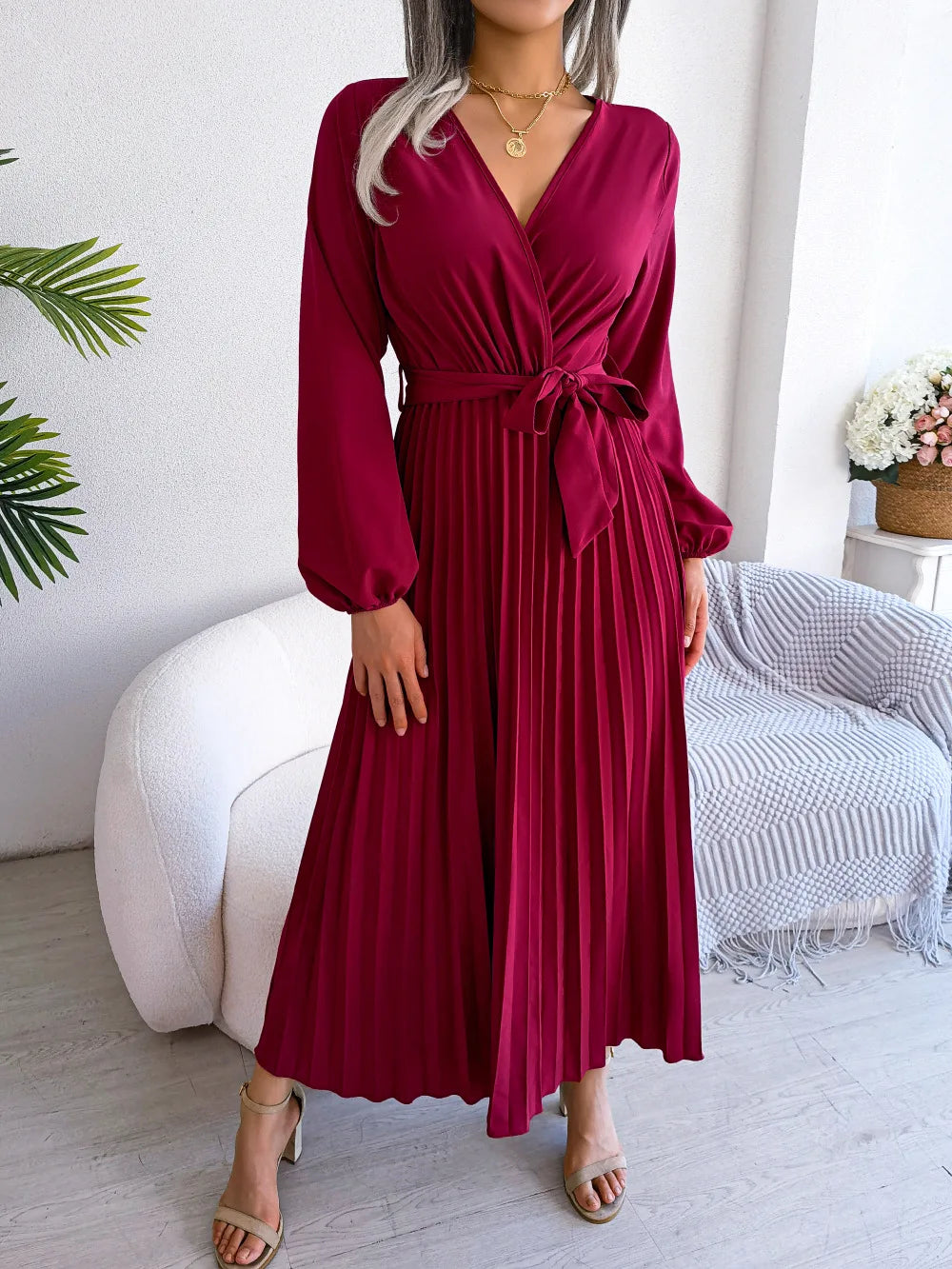 Women Elegant V Neck Long Sleeve Pleated Maxi Dress - Lizbert