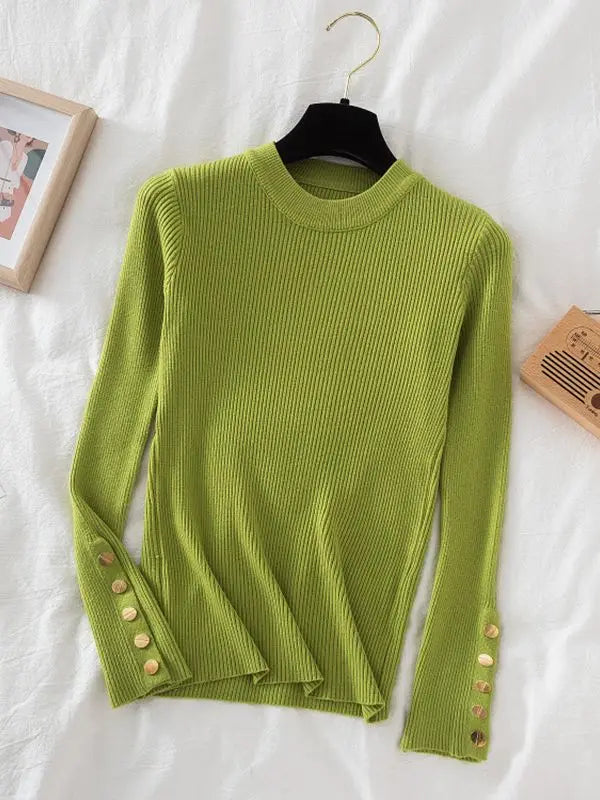 2025 women thick sweater pullovers khaki casual autumn winter button o-neck chic sweater female slim knit top soft jumper tops - Lizbert