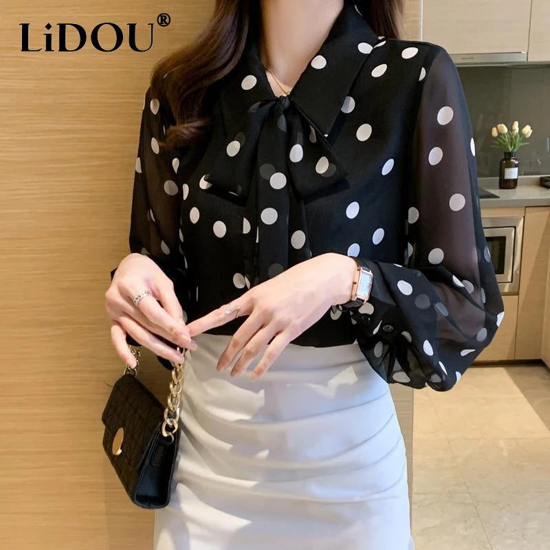 Spring Summer Polka Dot Printing Chiffon Shirt Women Fashion Turn-down Collar Bow Long Sleeve Blouse Female Single Breasted Tops Lizbert
