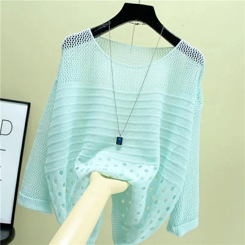 Spring and Summer New Ice Silk Knitted Vest Top Hollow Out Thin Bottoming Sling Streetwear Womens Clothing Shirt - Lizbert