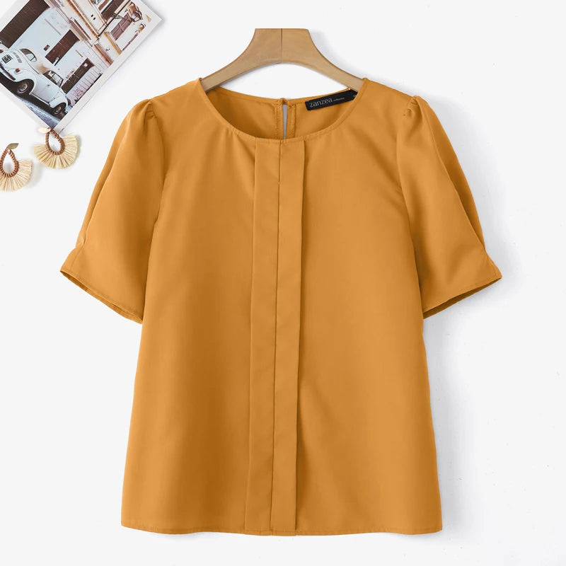 ZANZEA Korean Women Fashion Blouse Summer Short Sleeve Tunic Tops Casual Pleated Solid Color Shirts O-Neck Loose Blusas Feminina Lizbert