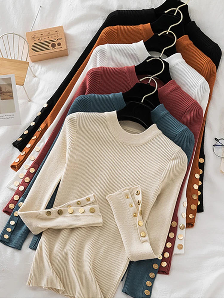 2025 women thick sweater pullovers khaki casual autumn winter button o-neck chic sweater female slim knit top soft jumper tops - Lizbert