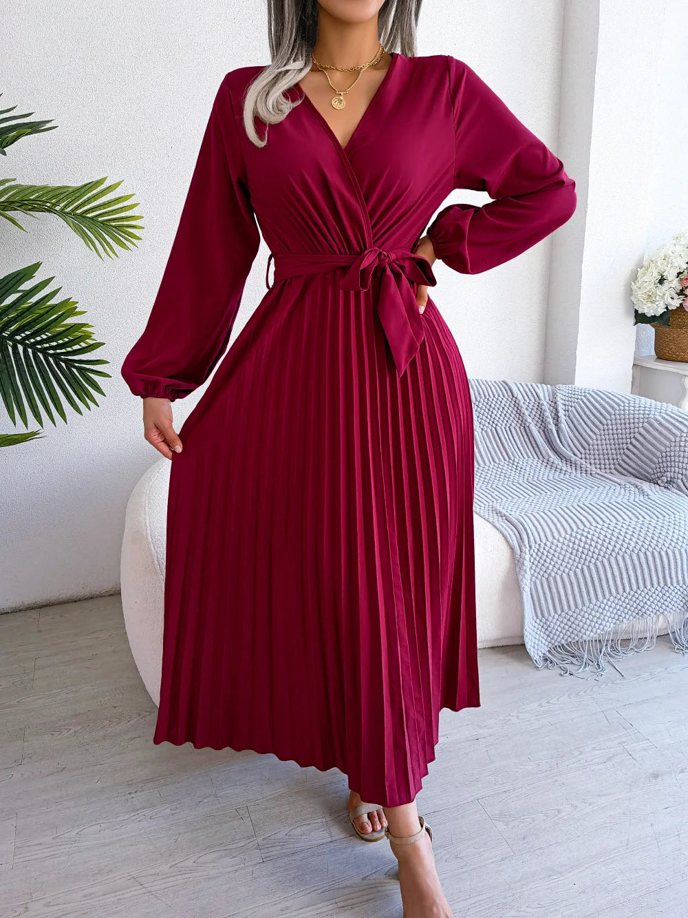 Women Elegant V Neck Long Sleeve Pleated Maxi Dress - Lizbert