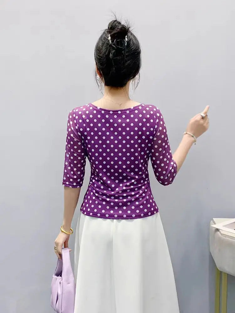Summer Half Sleeve T-shirts Women Print Polka Dots Mesh Tops Girl Irregular Sweet Tshirt Lizbert