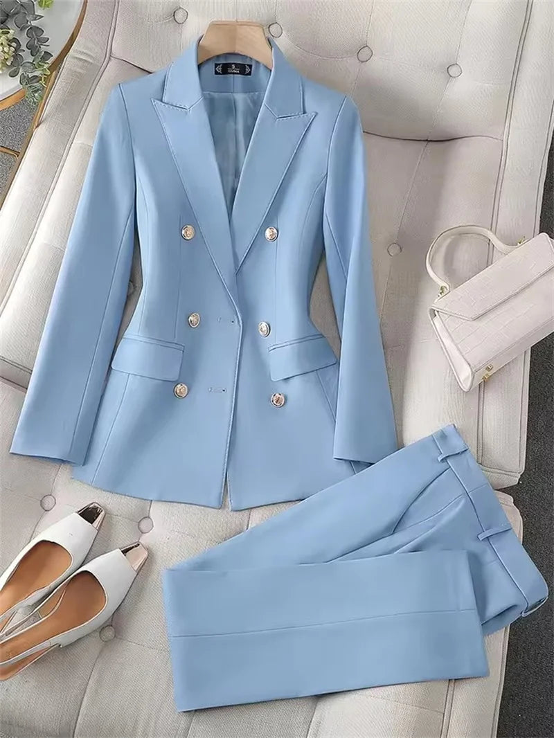 Fashion Office Ladies Pant Suit 2 Piece Sets Women Solid Double-breasted Business Work Wear Blazer Jacket and Trouser Female Lizbert