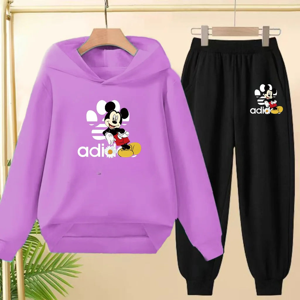 Children's Black Hoodie Anime Mickey Print Pullover 3-12Yrs Coat Sweatshirt+Pants Boys Girls Toddler Sports Clothing Leisure Set