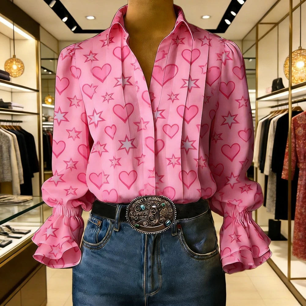 Pop Art Style Yellow Polka Dot Blouse Women's Vintage 70s Retro Shirt Flare Bell Sleeves & Turn-Down Collar Loose Fit Casual Top Lizbert
