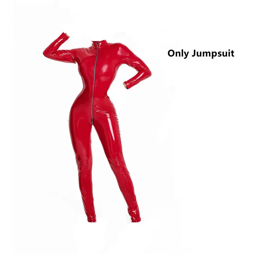 Latex Catsuit Women Wet Look Shiny PU Faux Leather Jumpsuits Suit Long Sleeve Zip Open Crotch Bodysuit Clubwear Plus Size S-5XL Lizbert