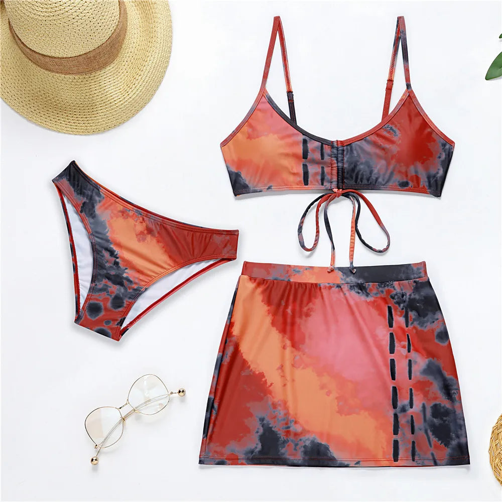 3 Piece Bikini Set Sexy Swimsuit Swimwear Women Drawstring Tie Dye Print Bikinis Set Bathing Suit Beach Skirt Cover Up Biquinis - Lizbert