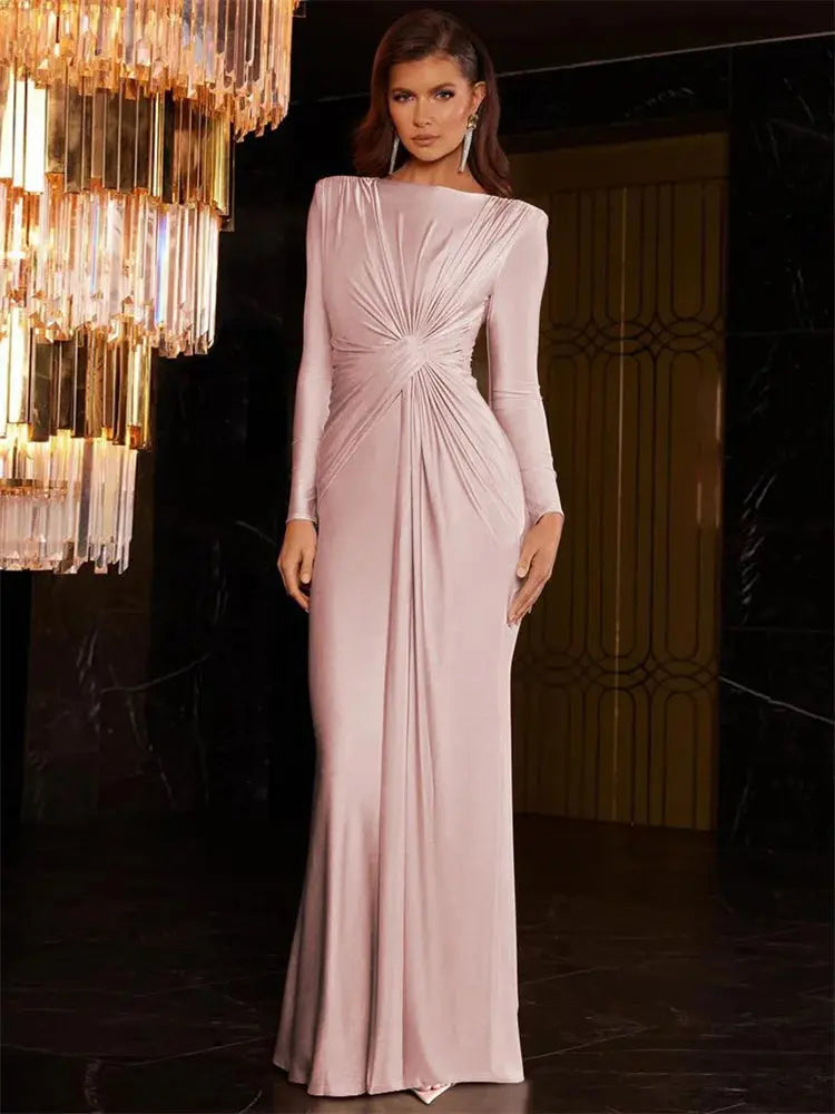 Ladies Autumn Elegant Evening Party Dress Women Long Sleeve O-Neck Ruched Fashion Maxi Dresses Night Club Streetwear Fall Outfit Lizbert