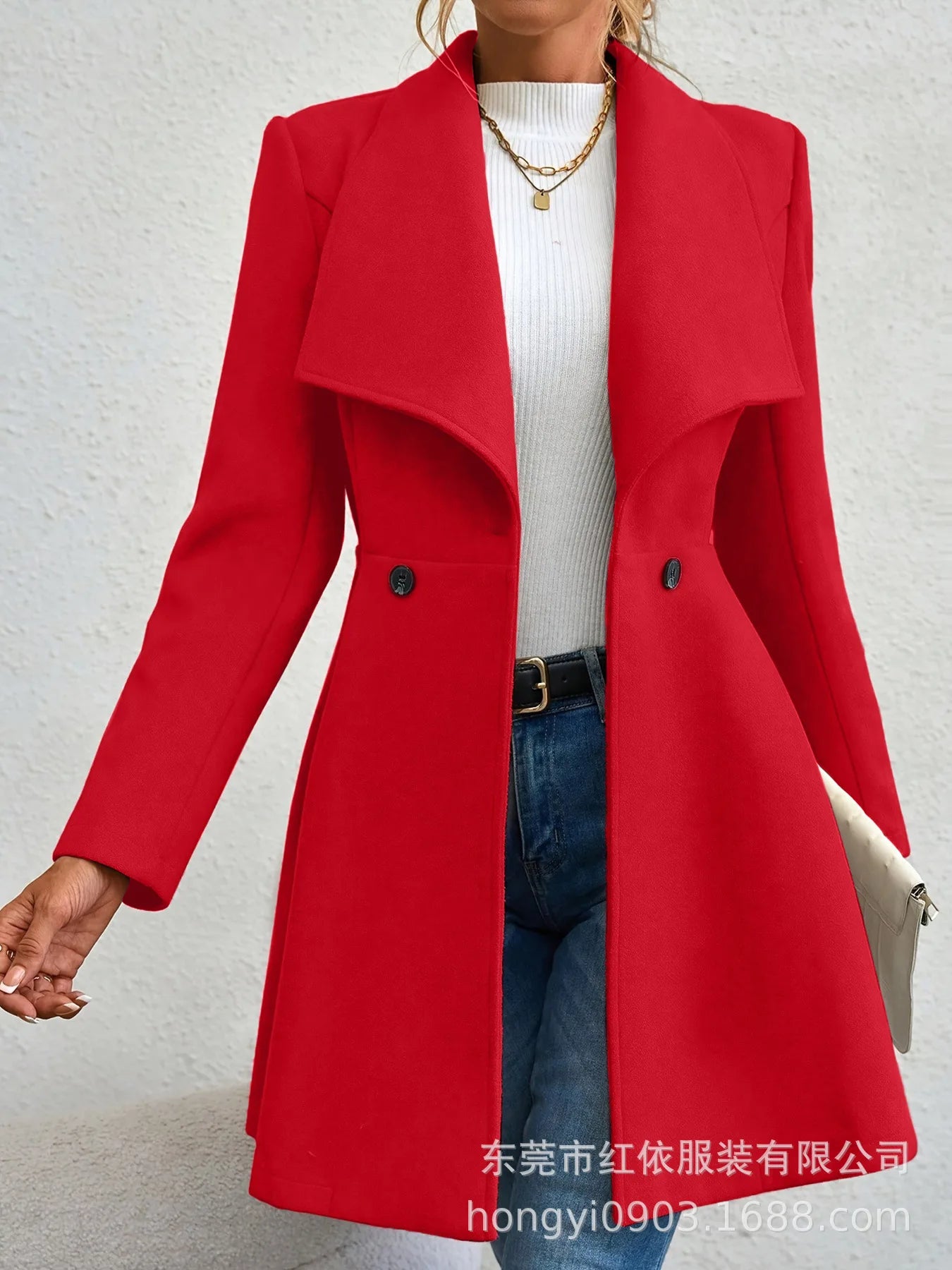 Europe America Autumn Winter New Style Womens Woolen Coat Fashion Trendy Lapel Button Slim Fit Solid Color Versatile Overcoat Lizbert