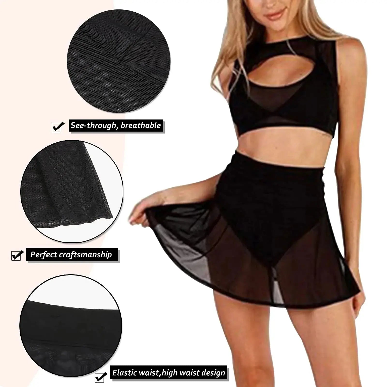 High Waist Wrap Kaftan Sarong Mesh Sheer Beach Skirts Swimsuit Cover-Ups Women Transparent Swimwear Pareo Scarf Bikini Cover-Ups Lizbert