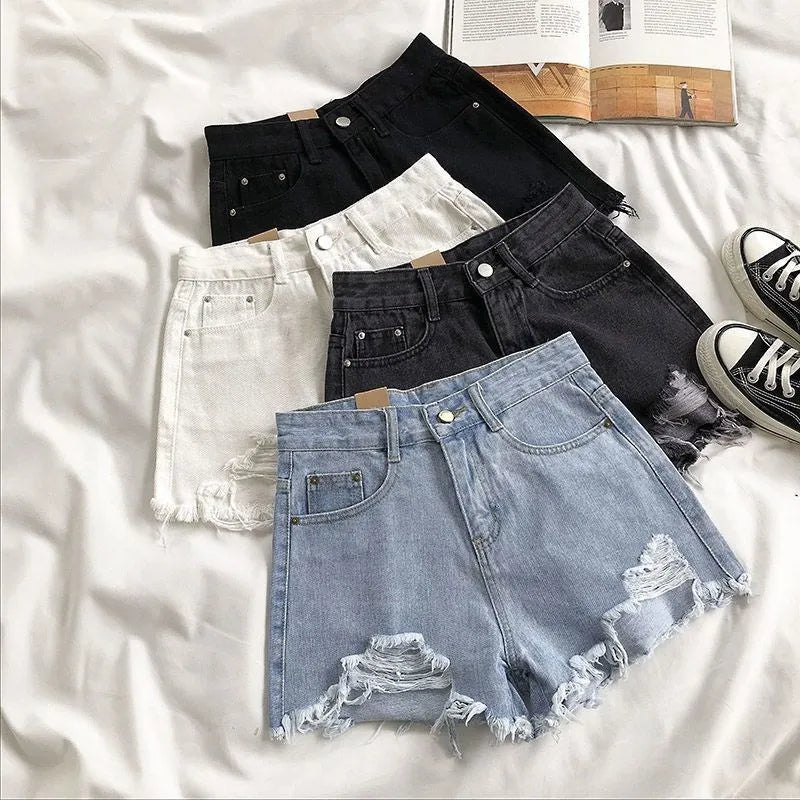 Korean Denim Shorts Women Summer Fashion Casual High Waist Ripped Jeans Pocket Tassel Y2K Hot Pants Streetwear Blue Trousers Lizbert
