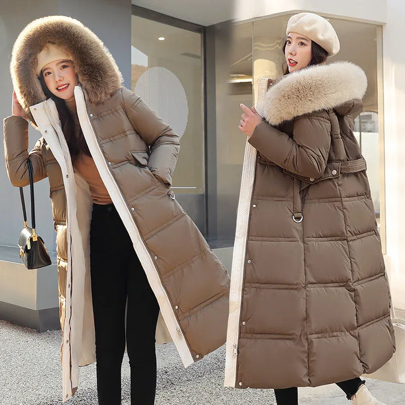 Winter 2025 New Women's Clothing Thickened Long Style Over the Knee Big Fur Collar Hooded Cotton Jacket Down Cotton Jacket Cot Lizbert