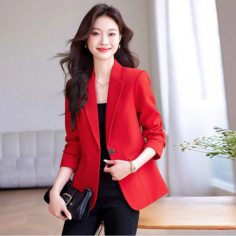 Women Blazer Casual Single Button Long Sleeve Red Black White Slim Suit Ladies Office Coat Fashion New Winter Autumn Jacket 2024 - Lizbert
