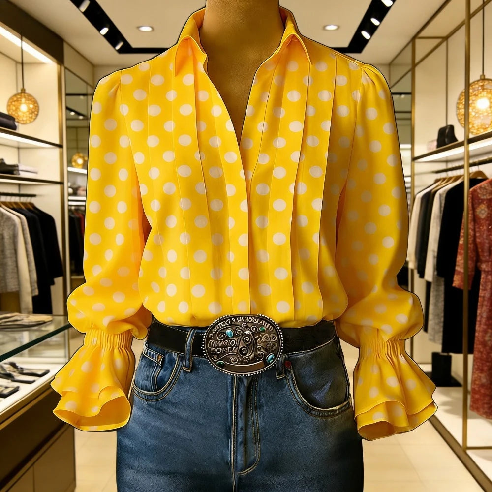 Pop Art Style Yellow Polka Dot Blouse Women's Vintage 70s Retro Shirt Flare Bell Sleeves & Turn-Down Collar Loose Fit Casual Top Lizbert