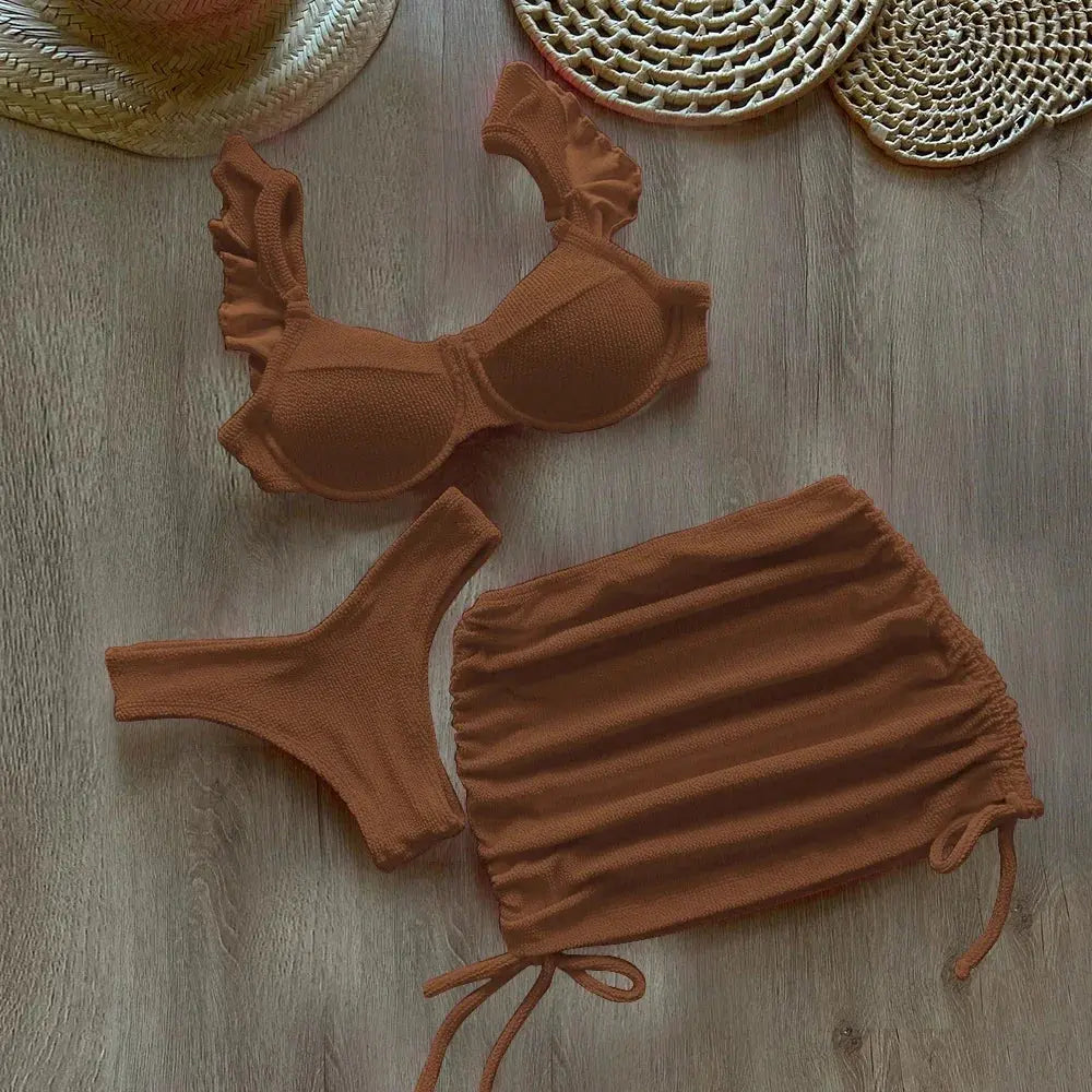 Solid Wavy Fabric Low Waist Bikini Set Cover Up Swimsuit For Women Push Up Ruffle Three Pieces Swimwear 2025 Beach Bathing Suits Lizbert