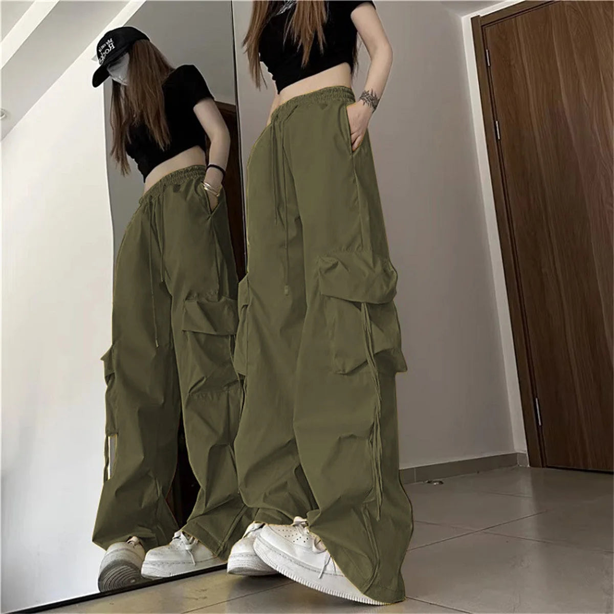 Plus Size Women Cargo Pants High Waist Solid Fashion Street Pant Vintage Drawstring Pocket Trousers Loose Casual Joggers Clothes - Lizbert