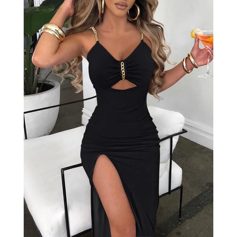 Summer Women V-Neck Chain Decor Cutout High Slit Dress Fashion Femme Bodycon Sleeveless Maxi Party Dress Outfits Robe - Lizbert