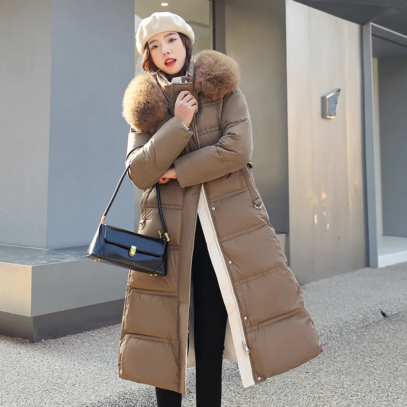 Winter 2025 New Women's Clothing Thickened Long Style Over the Knee Big Fur Collar Hooded Cotton Jacket Down Cotton Jacket Cot Lizbert