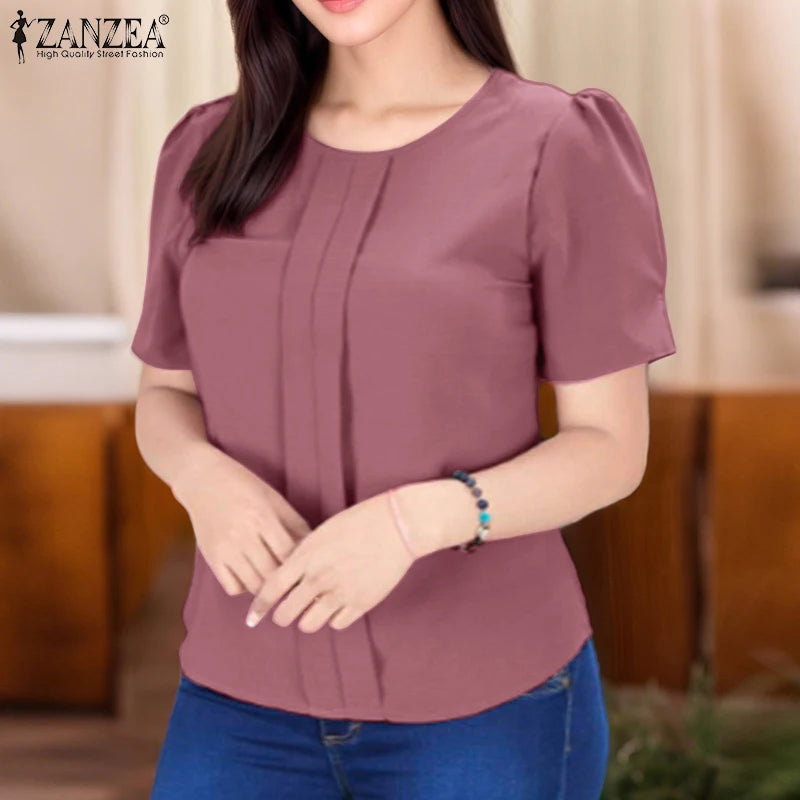 ZANZEA Korean Women Fashion Blouse Summer Short Sleeve Tunic Tops Casual Pleated Solid Color Shirts O-Neck Loose Blusas Feminina Lizbert