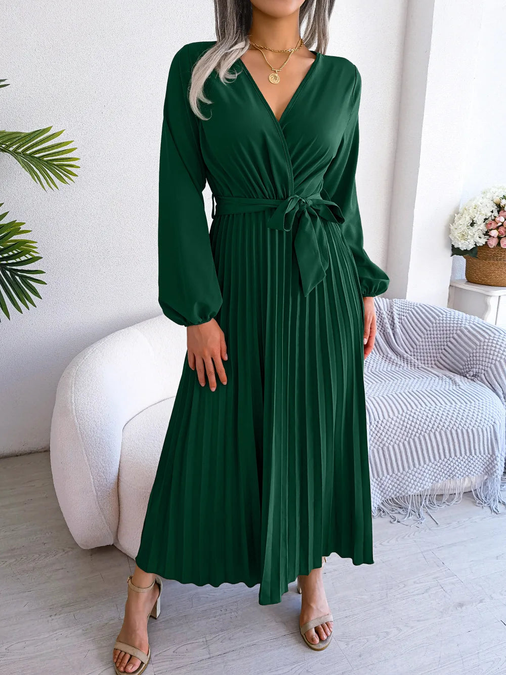 Women Elegant V Neck Long Sleeve Pleated Maxi Dress - Lizbert