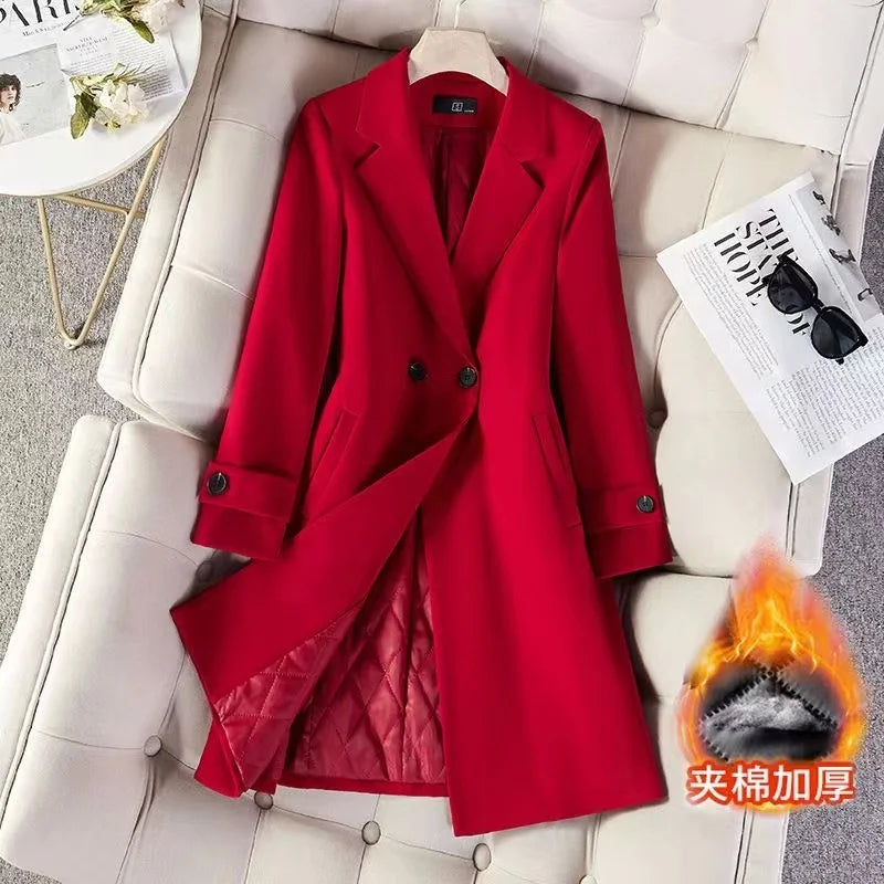 Ladies Long Blazer High Quality Autumn Winter Women Black Red Navy Blue Thicke Blazers Female Casual Jacket Coat Windbreakers Lizbert