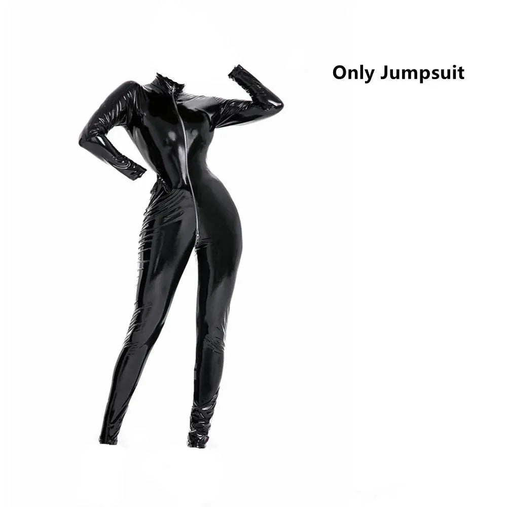 Latex Catsuit Women Wet Look Shiny PU Faux Leather Jumpsuits Suit Long Sleeve Zip Open Crotch Bodysuit Clubwear Plus Size S-5XL Lizbert