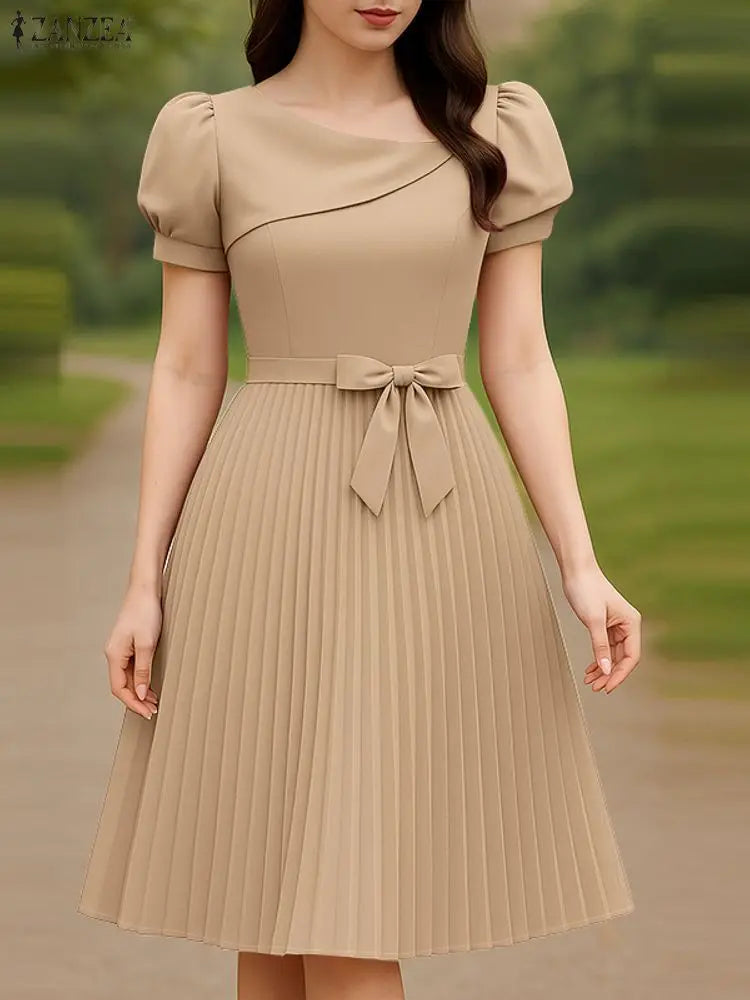 Elegant Square Neck Party Dresses ZANZEA Women 2025 Summer Dress Puff Sleeve OL Work  Vestidos Midi Robe Solid Pleated Sundress Lizbert