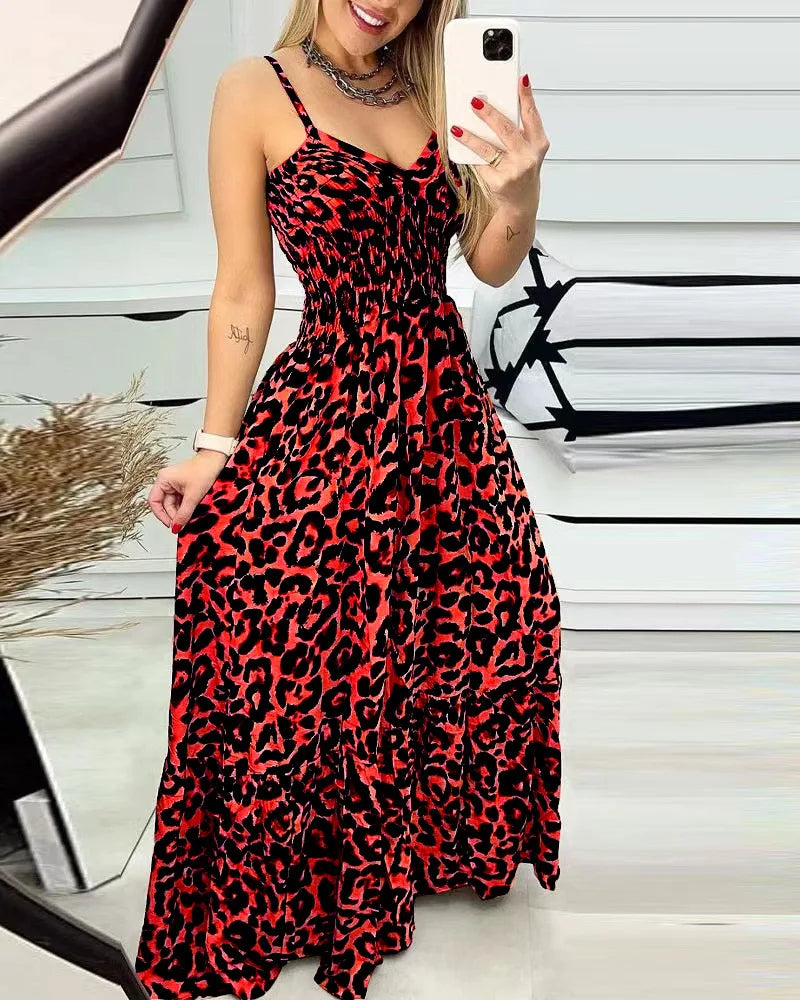 2023 European And American Summer New Leopard Ptteran Suspender V-Neck Dress High Waist Dress Sexy Temperament Fashion Long Dres