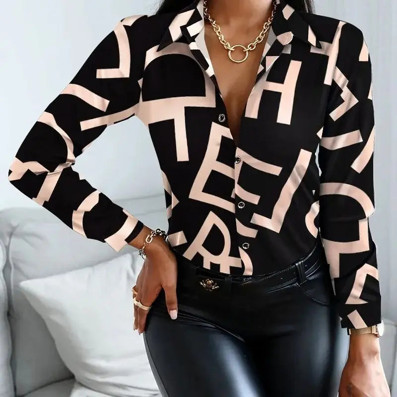 Elegant Women's Fashion Blouse 2023 Spring/Summer Digital Print Shirt Commuter Slim Fit Office Female Tops Lizbert