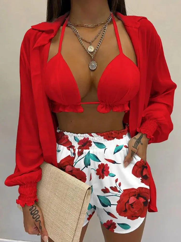2024 New Bathing Suit Shorts Cover Up Summer Three Pieces Swimwear Sexy Beachwear High Waist Bikini Set Print Women's Swimsuit Lizbert