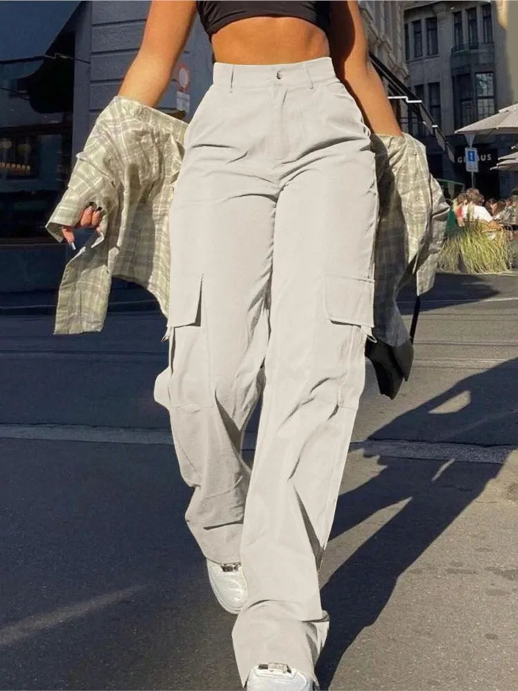 Women's Loose Cargo Pants High Waist Wide Leg Solid Color Full Length Trousers With Pockets Casual All Seasons Long Pantalones - Lizbert
