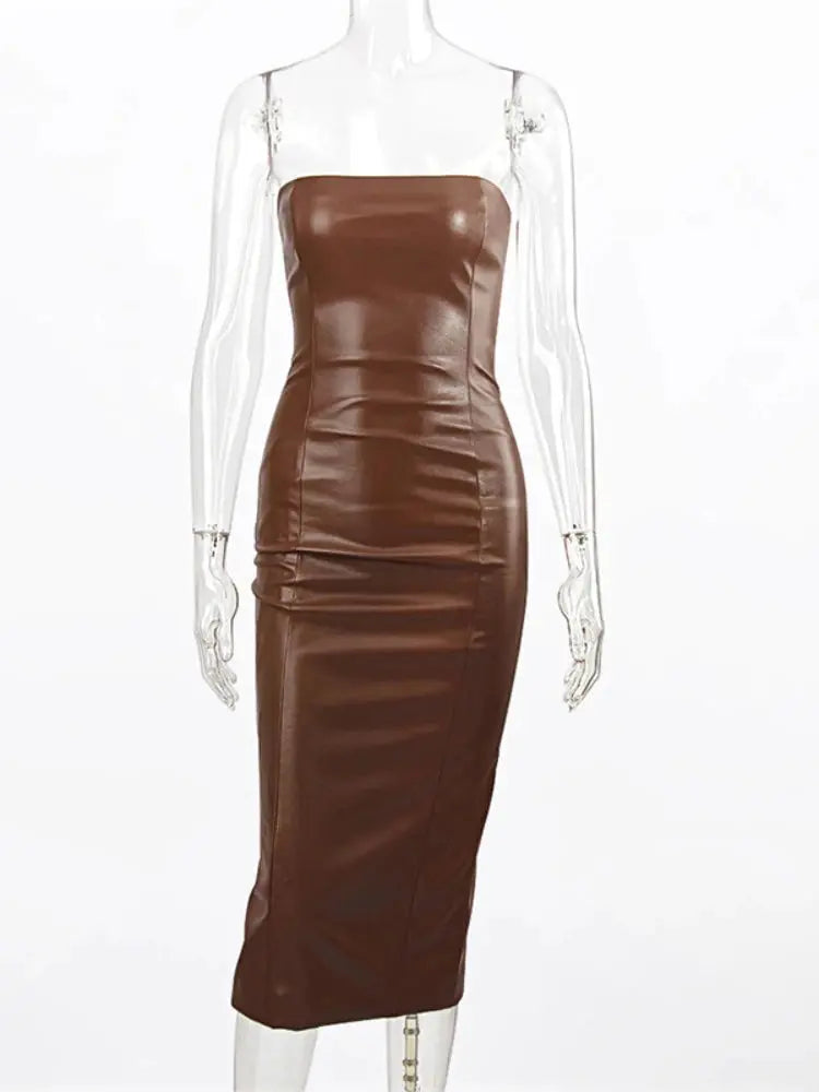 PU Imitation Leather Girdling Waist Slim Bodycon Long Dress Women Sleeveless Off Shoulder Skinny women evening dress Club Party Lizbert