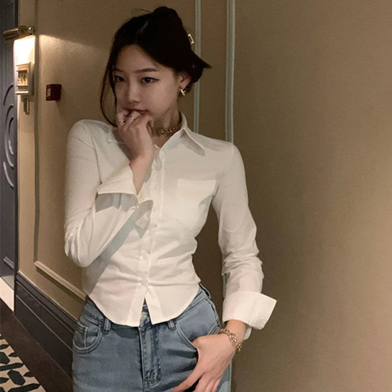 White Korean Sweet Shirt Y2K Slim Preppy Style Chiffon Female Long Sleeve Blouse Summer Fashion Office Casual Ladies Crop Tops Lizbert