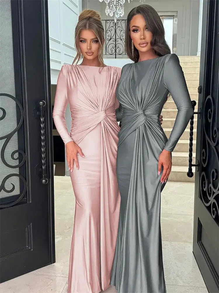 Ladies Autumn Elegant Evening Party Dress Women Long Sleeve O-Neck Ruched Fashion Maxi Dresses Night Club Streetwear Fall Outfit Lizbert