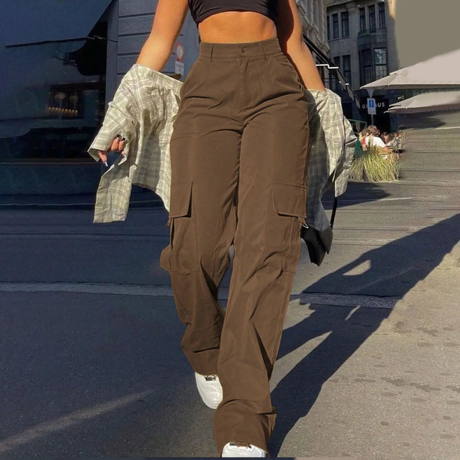 Women's Loose Cargo Pants High Waist Wide Leg Solid Color Full Length Trousers With Pockets Casual All Seasons Long Pantalones - Lizbert